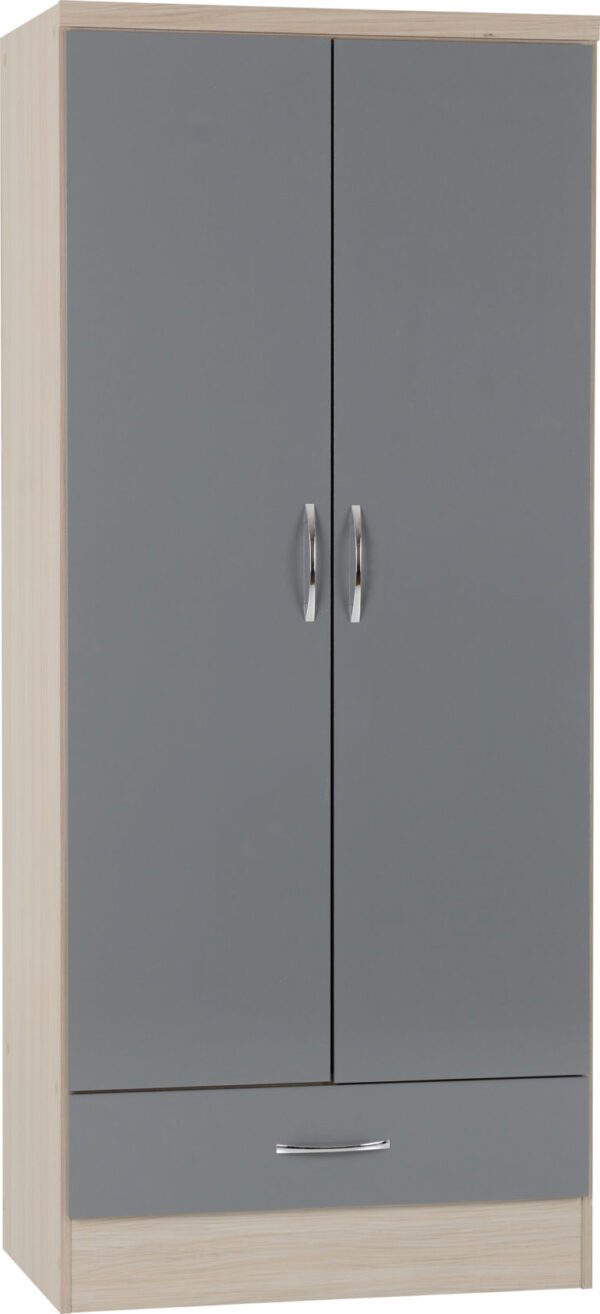 Nevada 2 Door 1 Drawer Wardrobe - Grey Gloss/Light Oak Veneer - Image 2