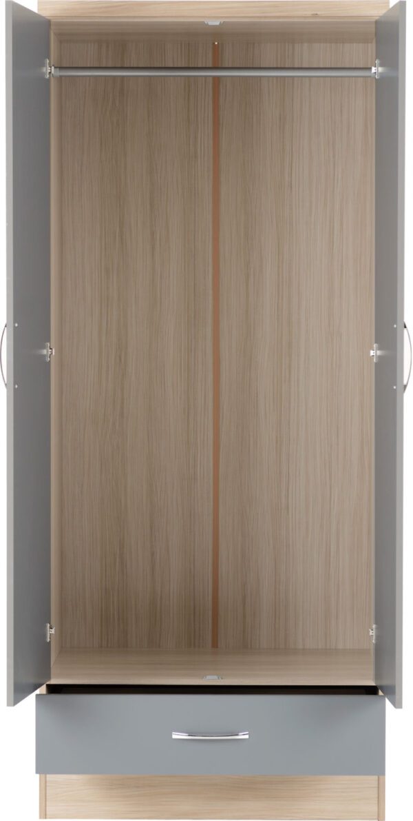 Nevada 2 Door 1 Drawer Wardrobe - Grey Gloss/Light Oak Veneer - Image 3