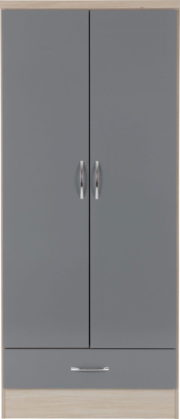 Nevada 2 Door 1 Drawer Wardrobe - Grey Gloss/Light Oak Veneer