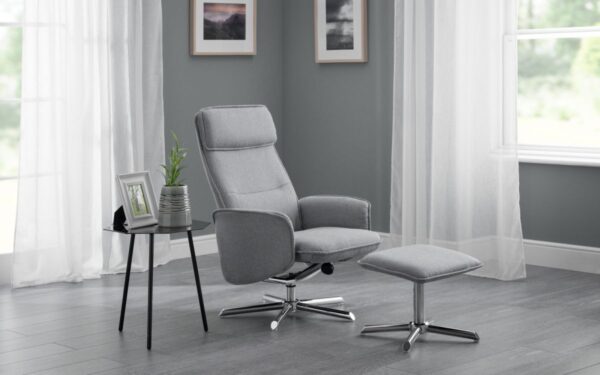 Aria Recliner And Stool With Chrome Base - Grey Linen