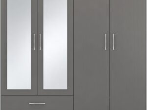 Nevada 4 Door 2 Drawer Mirrored Wardrobe 3D Effect Grey