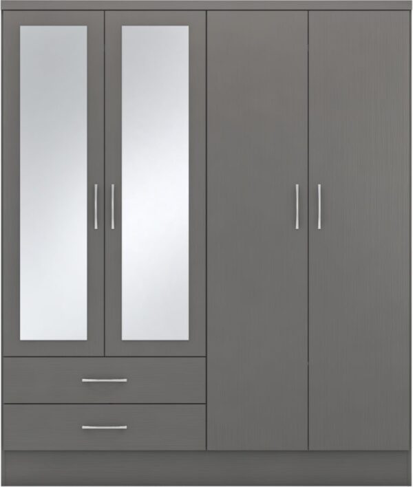 Nevada 4 Door 2 Drawer Mirrored Wardrobe 3D Effect Grey