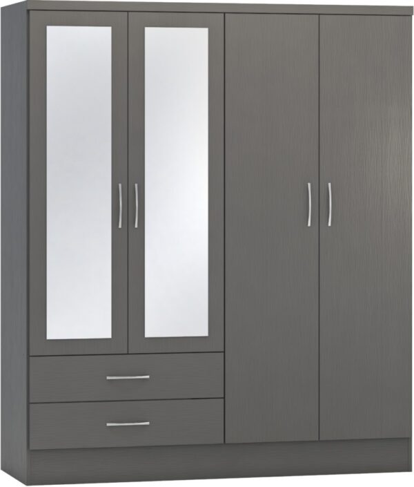 Nevada 4 Door 2 Drawer Mirrored Wardrobe 3D Effect Grey - Image 2