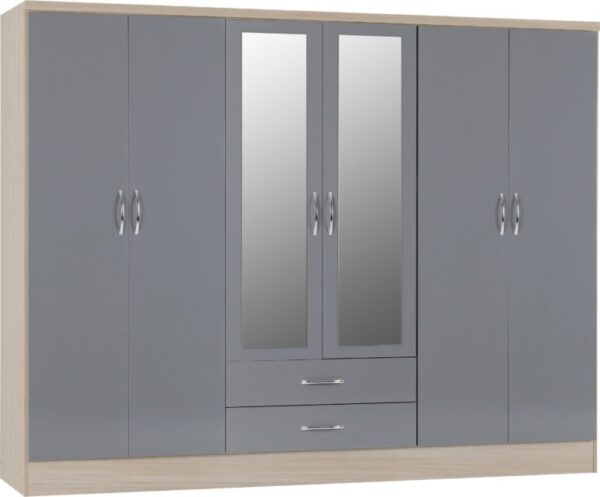 Nevada 6 Door 2 Drawer Mirrored Wardrobe Grey Gloss - Image 2