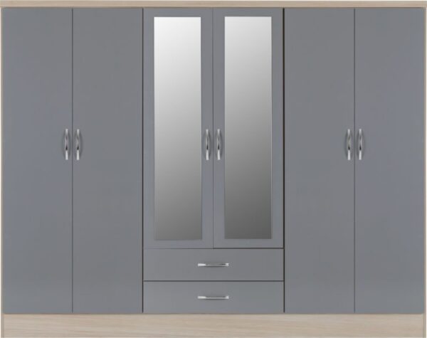 Nevada 6 Door 2 Drawer Mirrored Wardrobe Grey Gloss