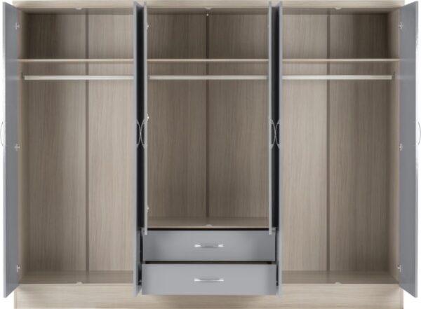 Nevada 6 Door 2 Drawer Mirrored Wardrobe Grey Gloss - Image 3