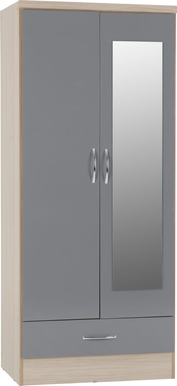 Nevada 2 Door 1 Drawer Mirrored Wardrobe Grey Gloss - Image 2