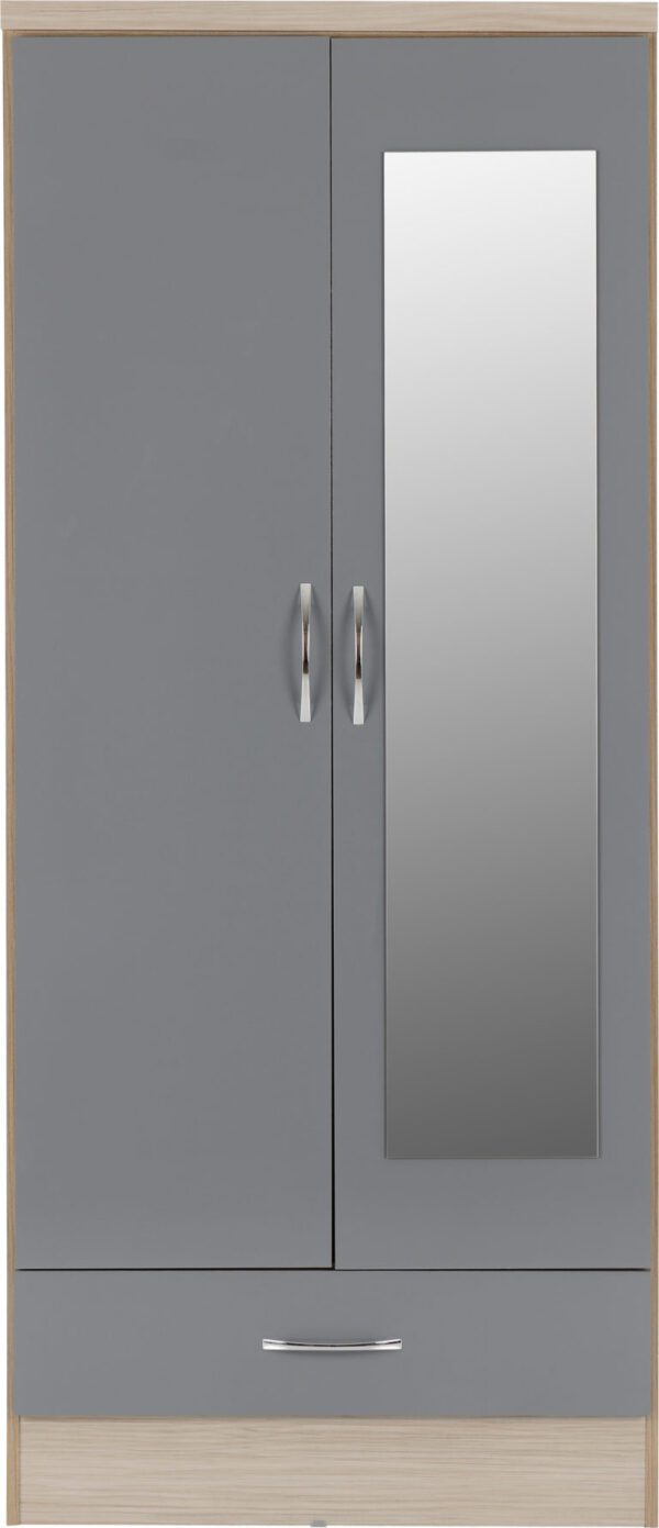 Nevada 2 Door 1 Drawer Mirrored Wardrobe Grey Gloss
